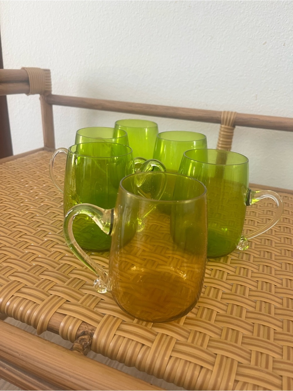 Vintage Mid-Century Modern Hand Blown Glass Supplied Handle Mugs Set Of Six